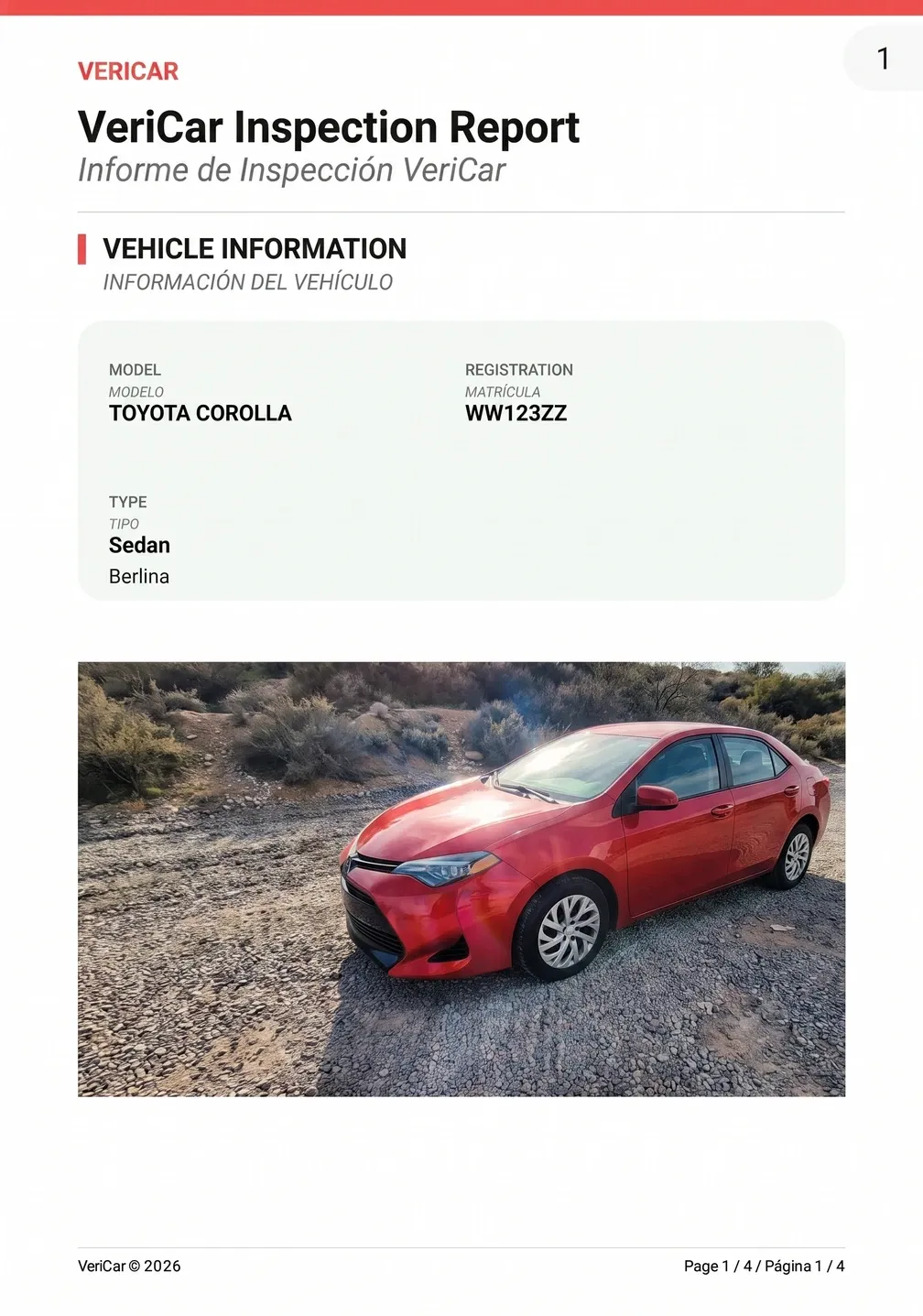 Official VeriCar report Page 1: vehicle data, overview photos and mutual signatures