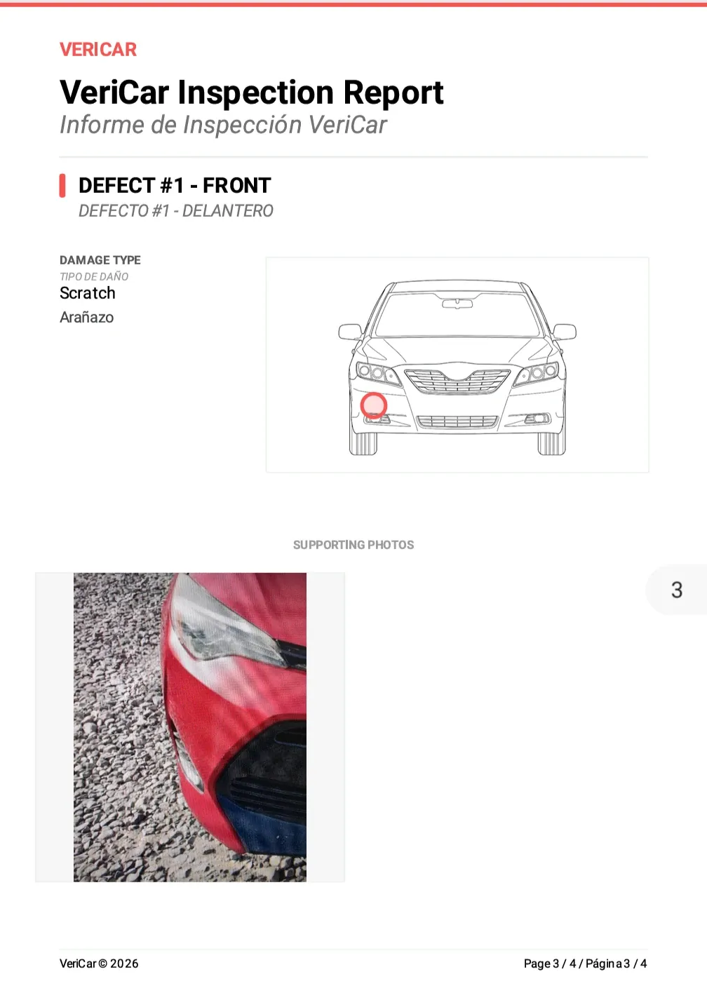 Official VeriCar report Page 2: damage register, high-definition photos and schematic markings