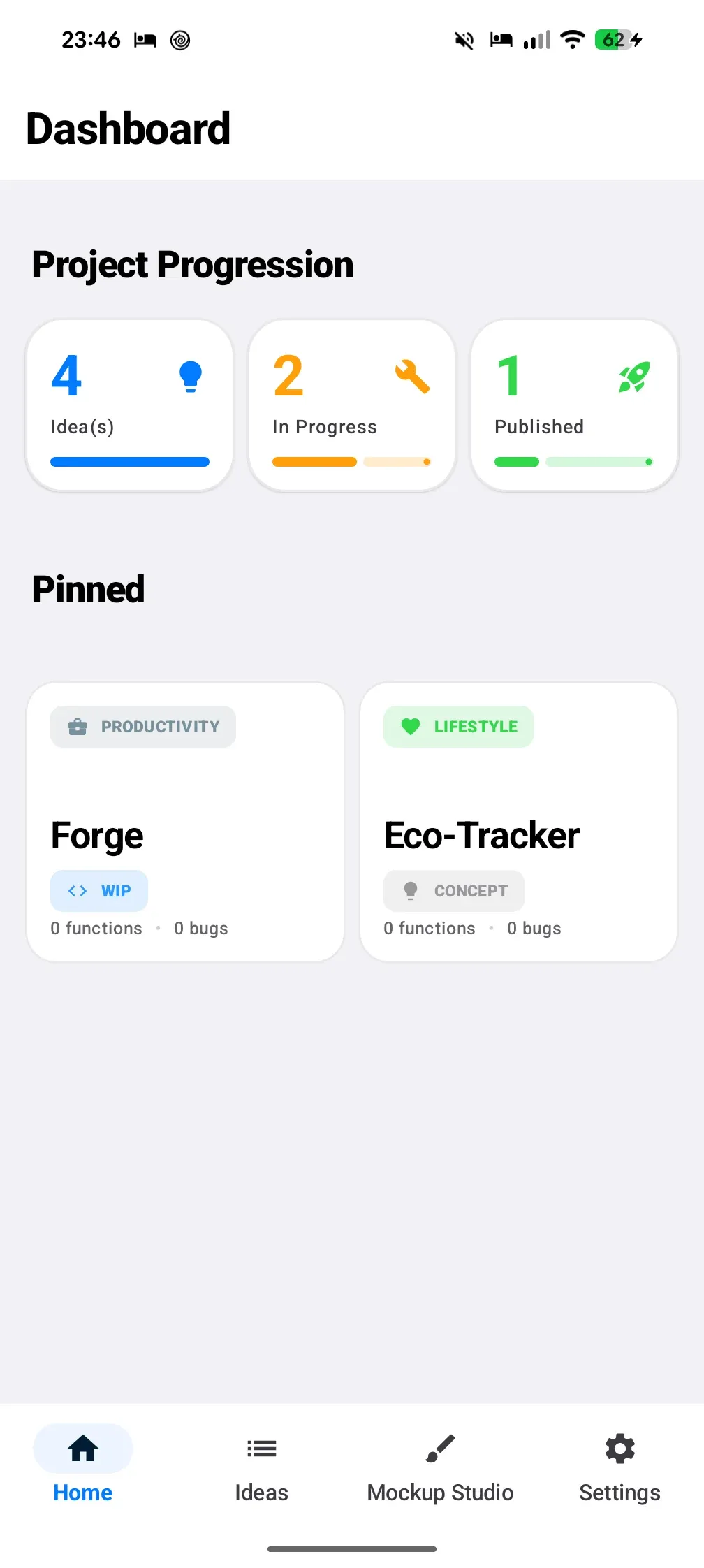 Forge dashboard with progress counters and pinned projects