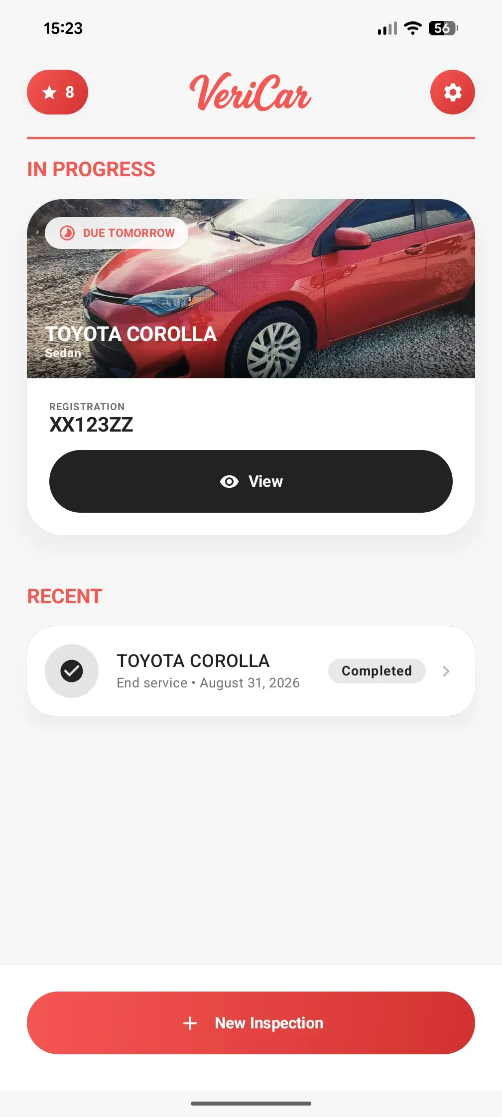 VeriCar home screen tracking active and completed inspections