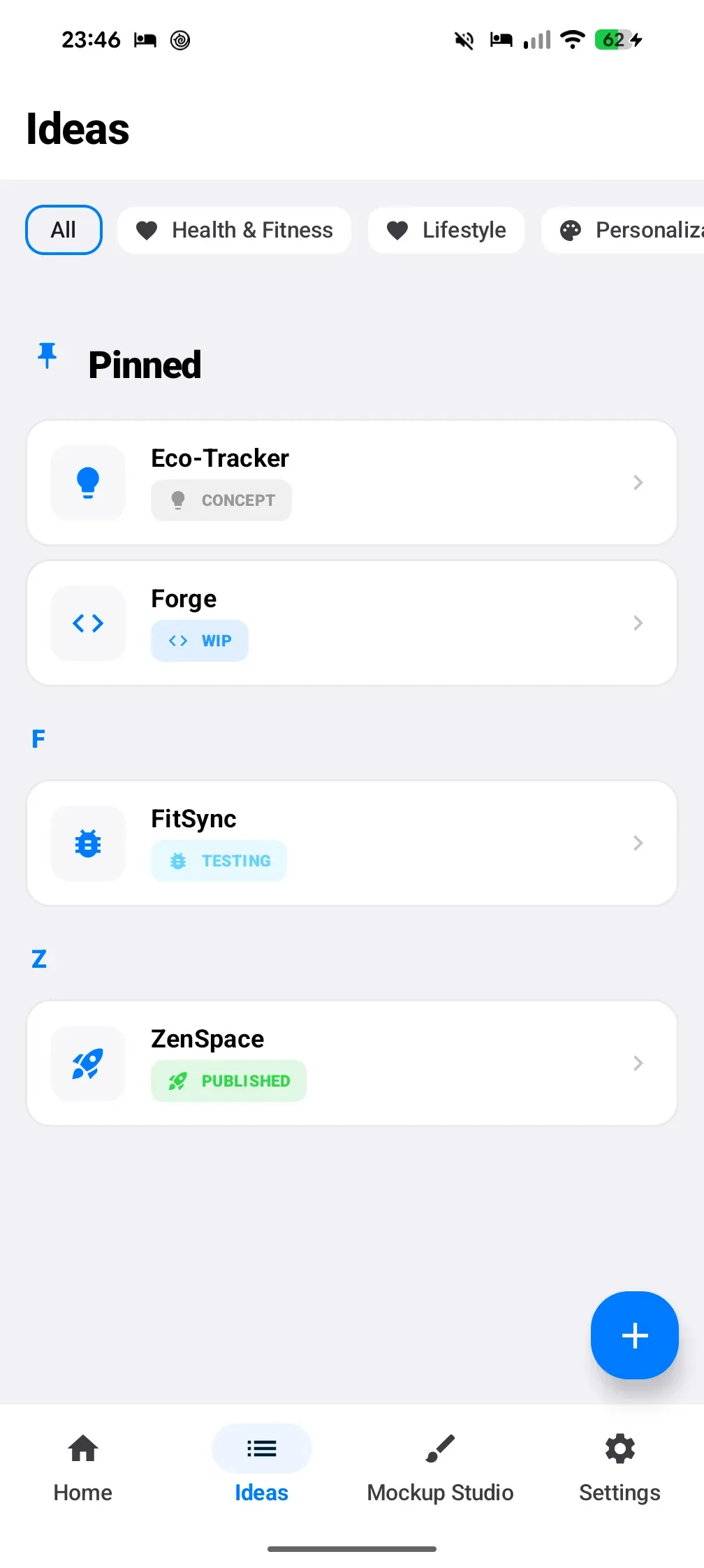 Forge ideas list view with category chip filters