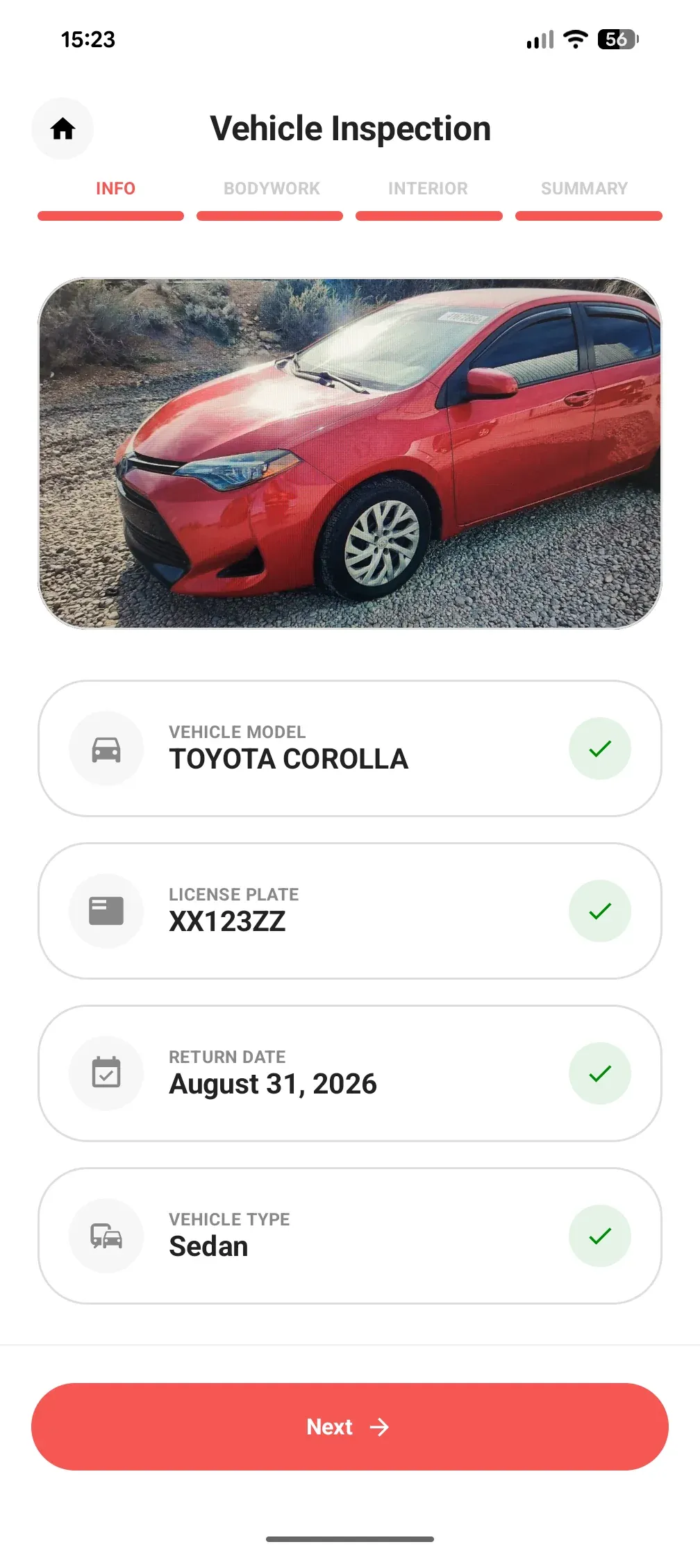VeriCar screen: vehicle details entry and overview photo