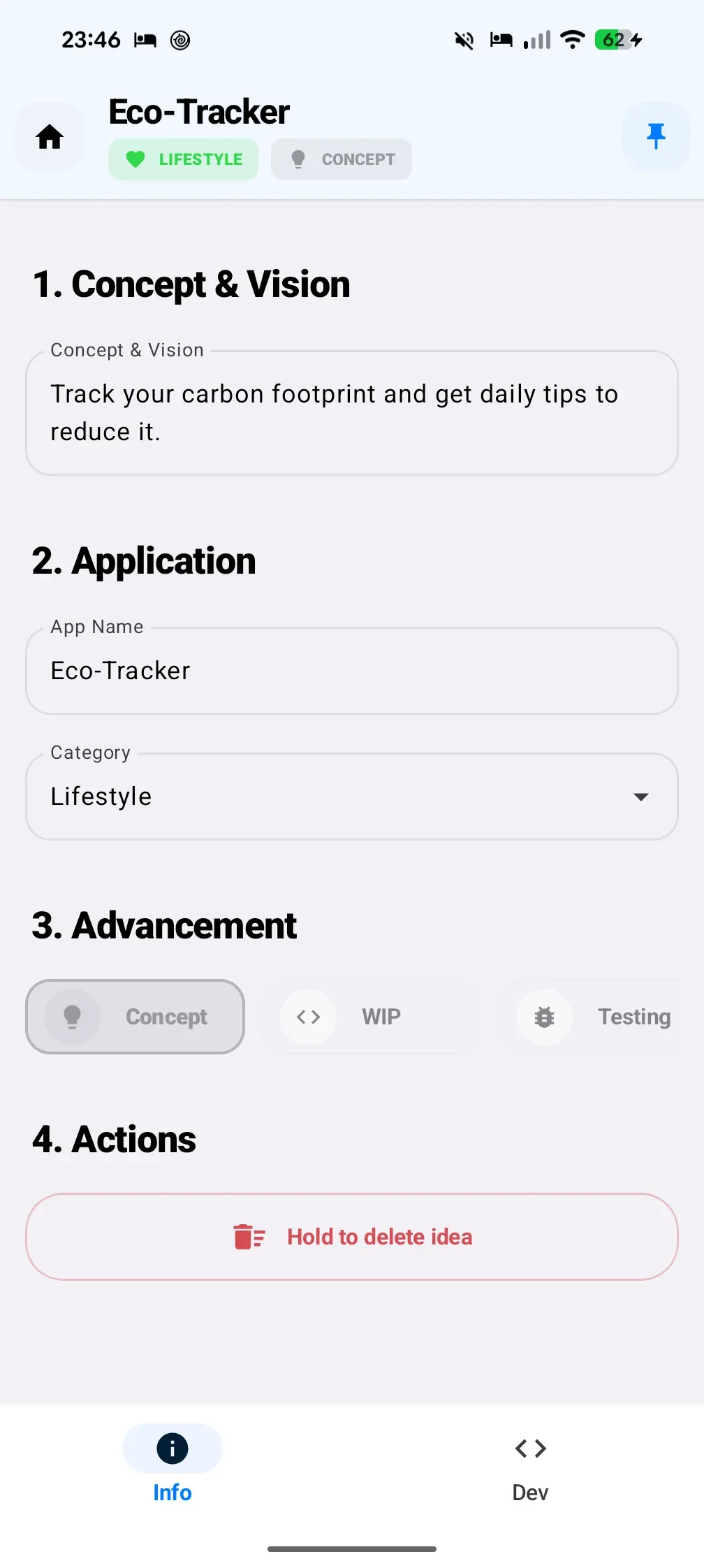 Forge project detail sheet with vision and roadmap advancement