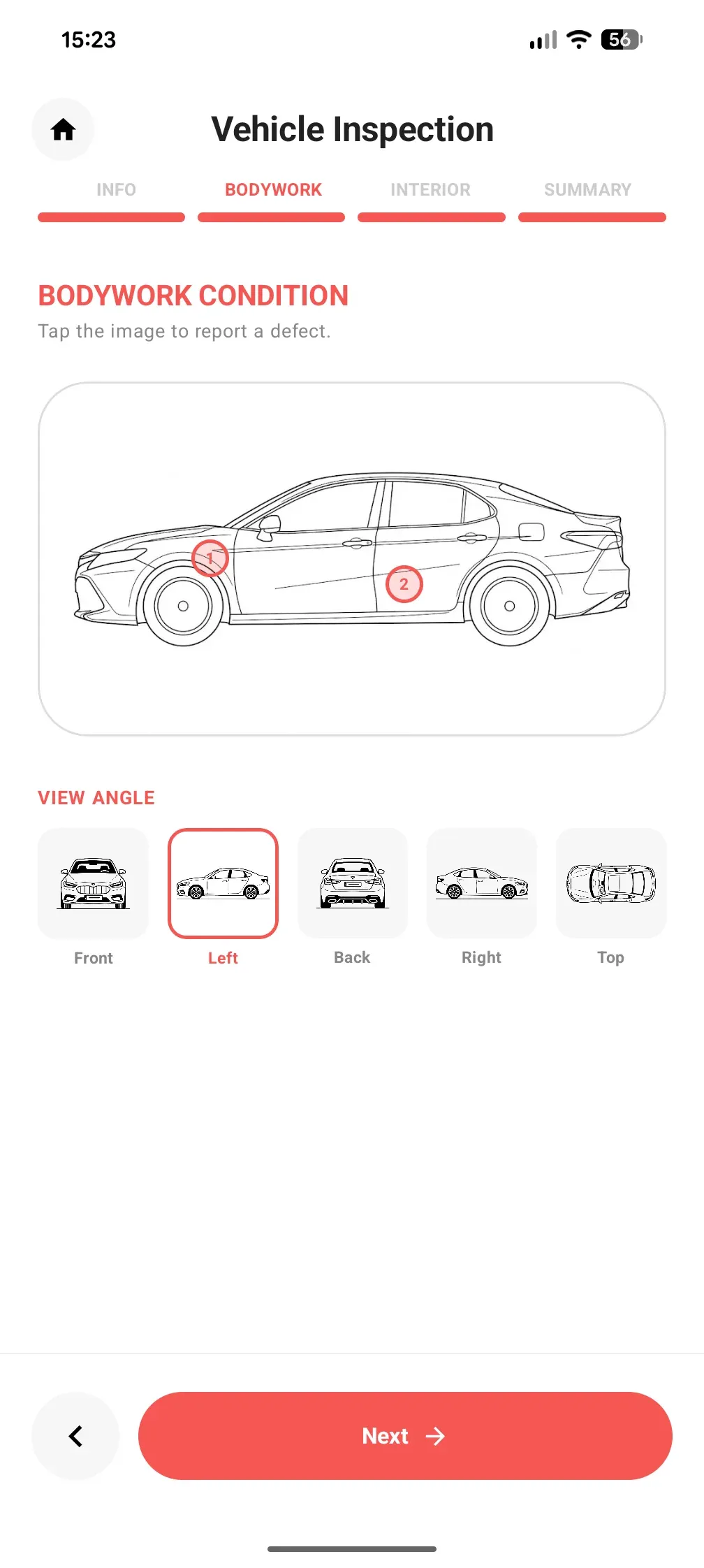 VeriCar screen: interactive car diagram with defect markers