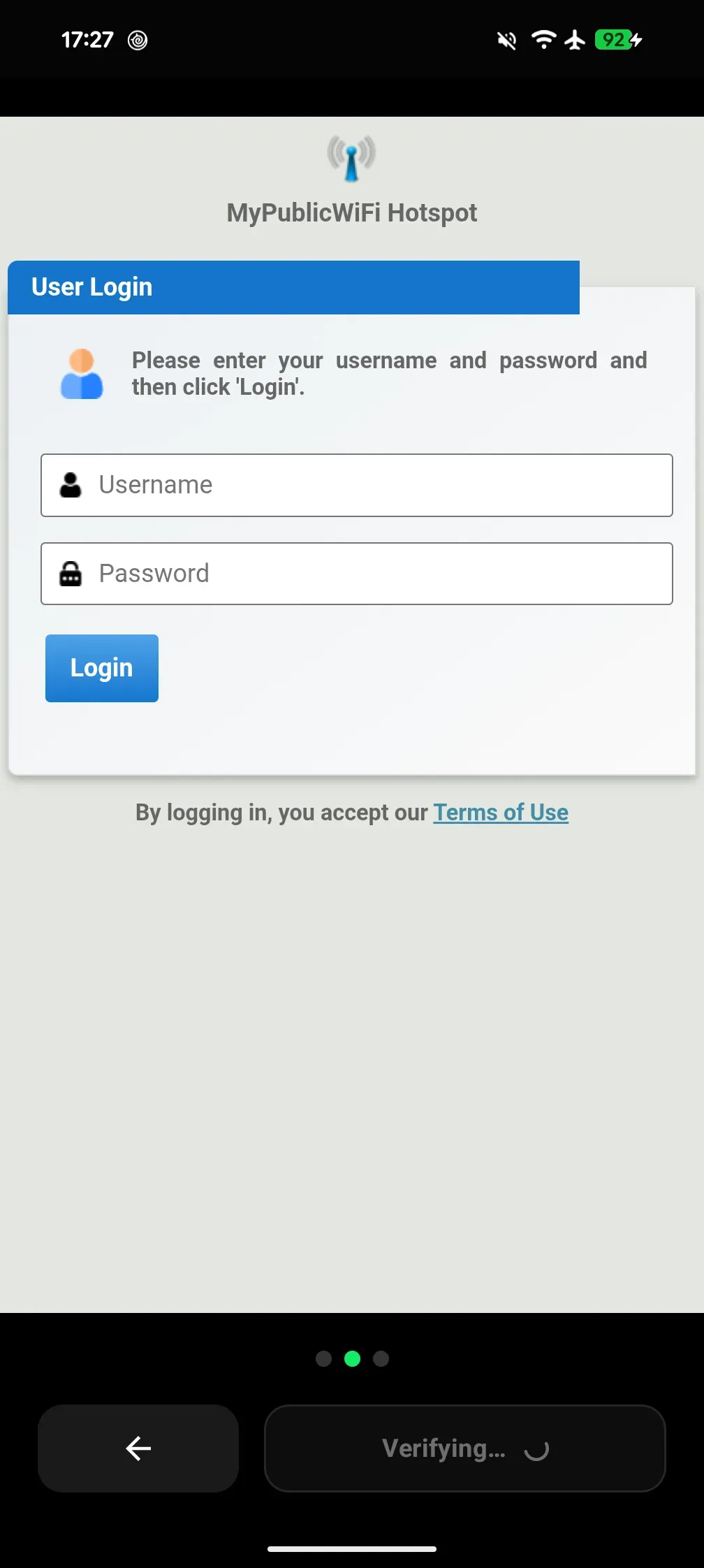 Step 2 screen: Entering and submitting captive portal credentials