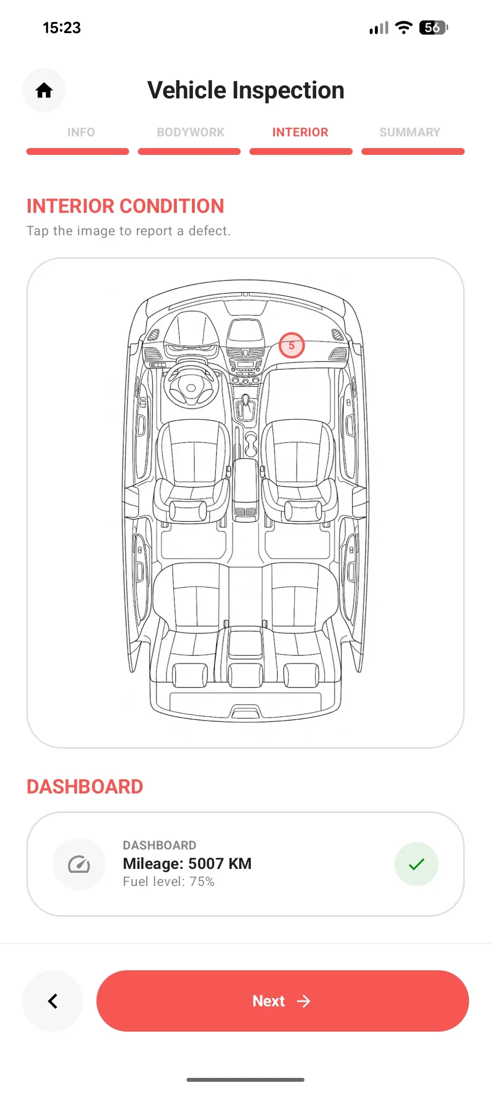 VeriCar screen: interior cabin diagram and odometer check